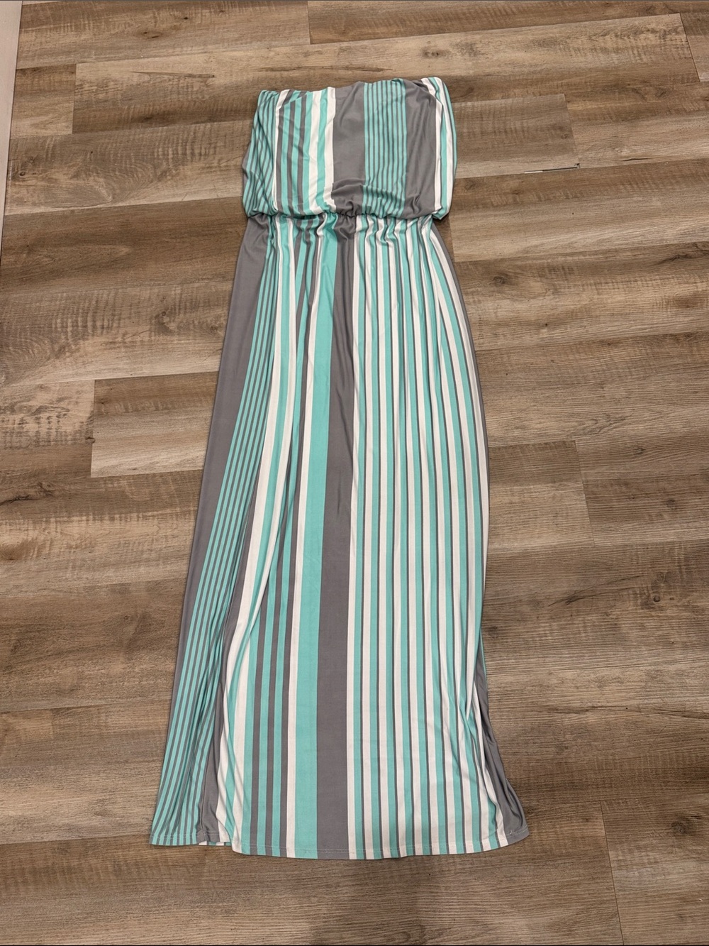 Fashionomics Aqua / Mint Green and Gray / Silver Strapless Striped Maxi Dress